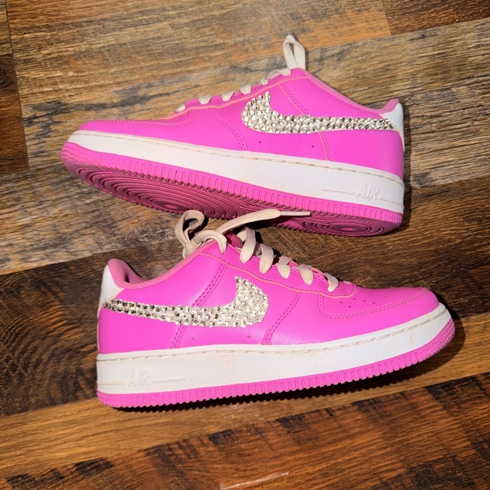 Pink Y2K Bedazzled Nike Sneakers with Rhinestone Swoosh on outside 4Y Barbiecore
